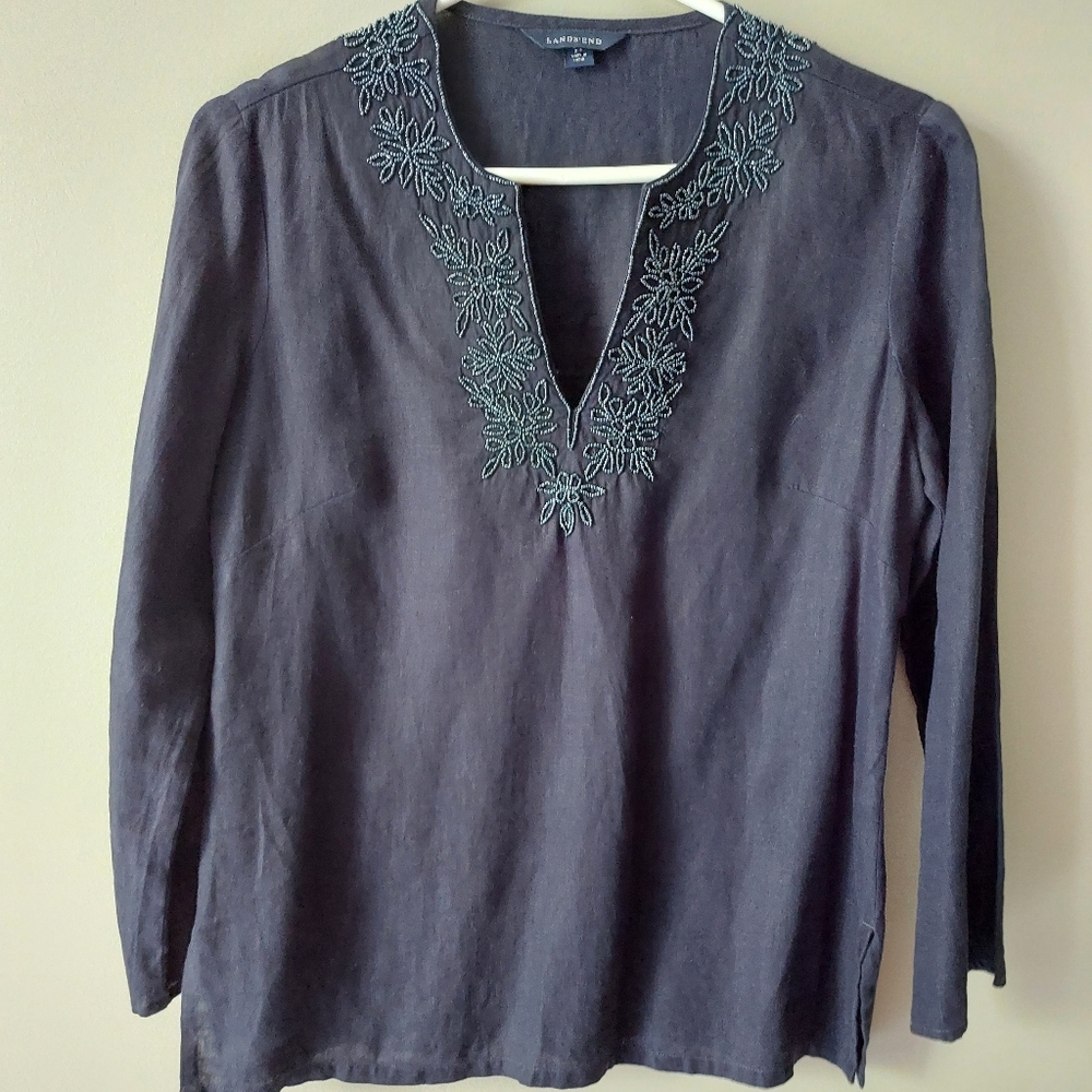 Lands End navy blue purple linen beaded tunic. XS Oversized
